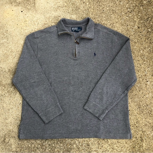 1990s Polo Ralph Lauren Gray/Blue half zip sweater - Picture 1 of 3